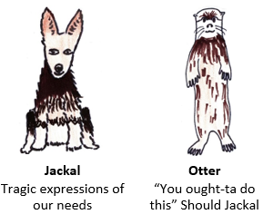 Giraffe, Jackal, Ought-ter, and Stratapus puppets, hand drawn